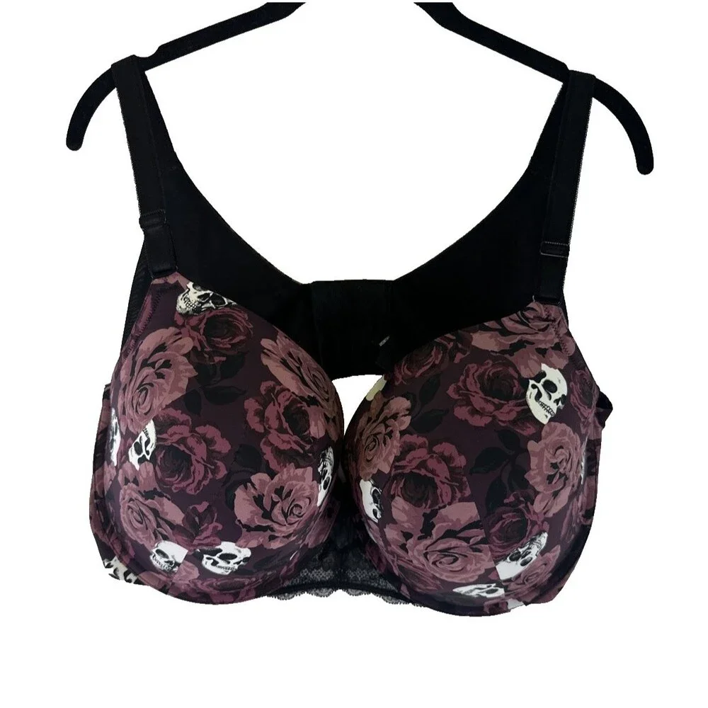 Torrid Curve Bra Rose Skulls Back Smoothing Padded Whimsey Goth Dark Size 42 DDD